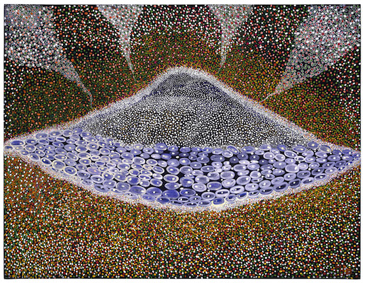 Image: © Magalí Herrera. En la vastitud del espacio, 1988, encre de Chine blanche et gouache sur papier noir, 50 x 65 cm - Atelier de numérisation Ville de Lausanne (AN) Collection de l’Art Brut, Lausanne